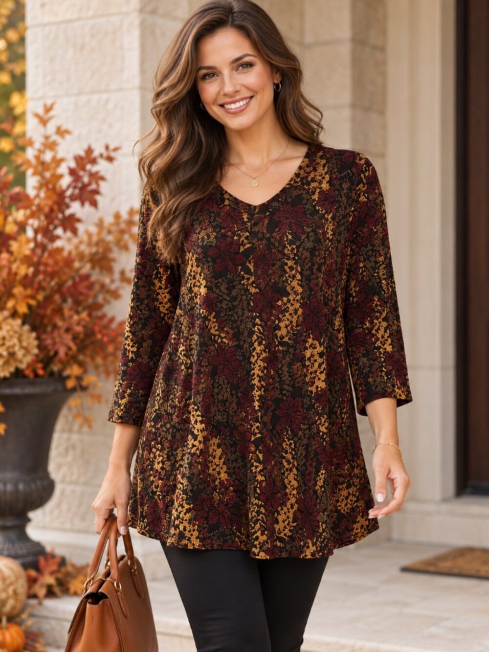 Sarah Bentley 3X Floral Boho Tunic Top Burgundy Rust Gold V-Neck Knit